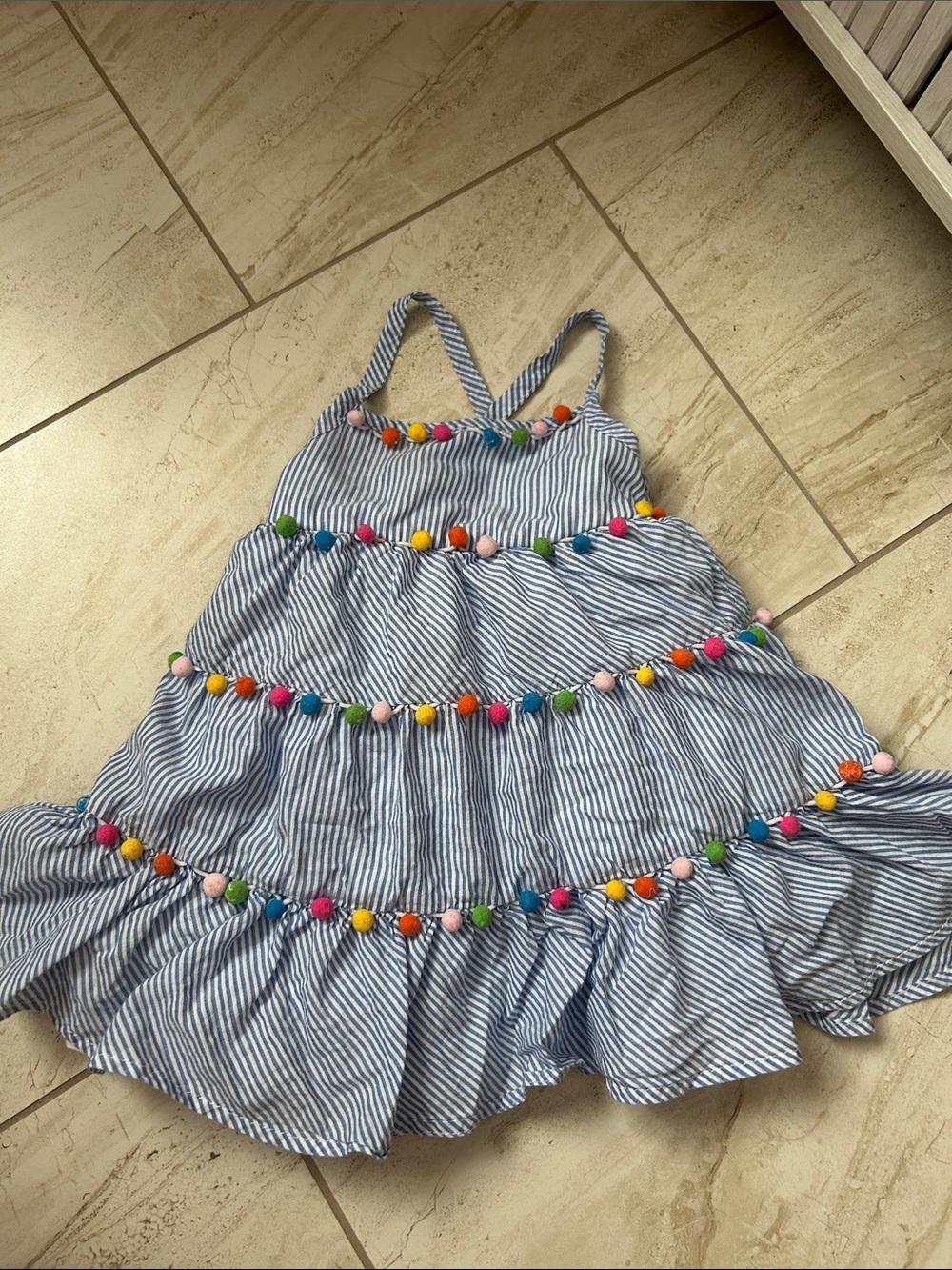 Adorable Tommy Bahama Blue Striped Sundress with Multicolor Pom-Poms